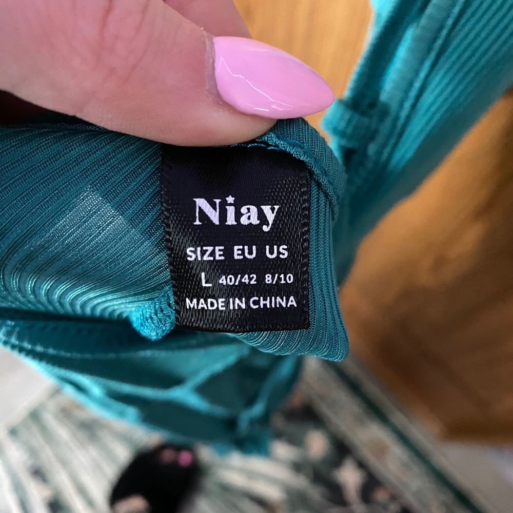 Niay Ribbed Wide Leg Jumpsuit Womens L Teal Cowl Neck Lace Up Back Slit - Picture 6 of 8